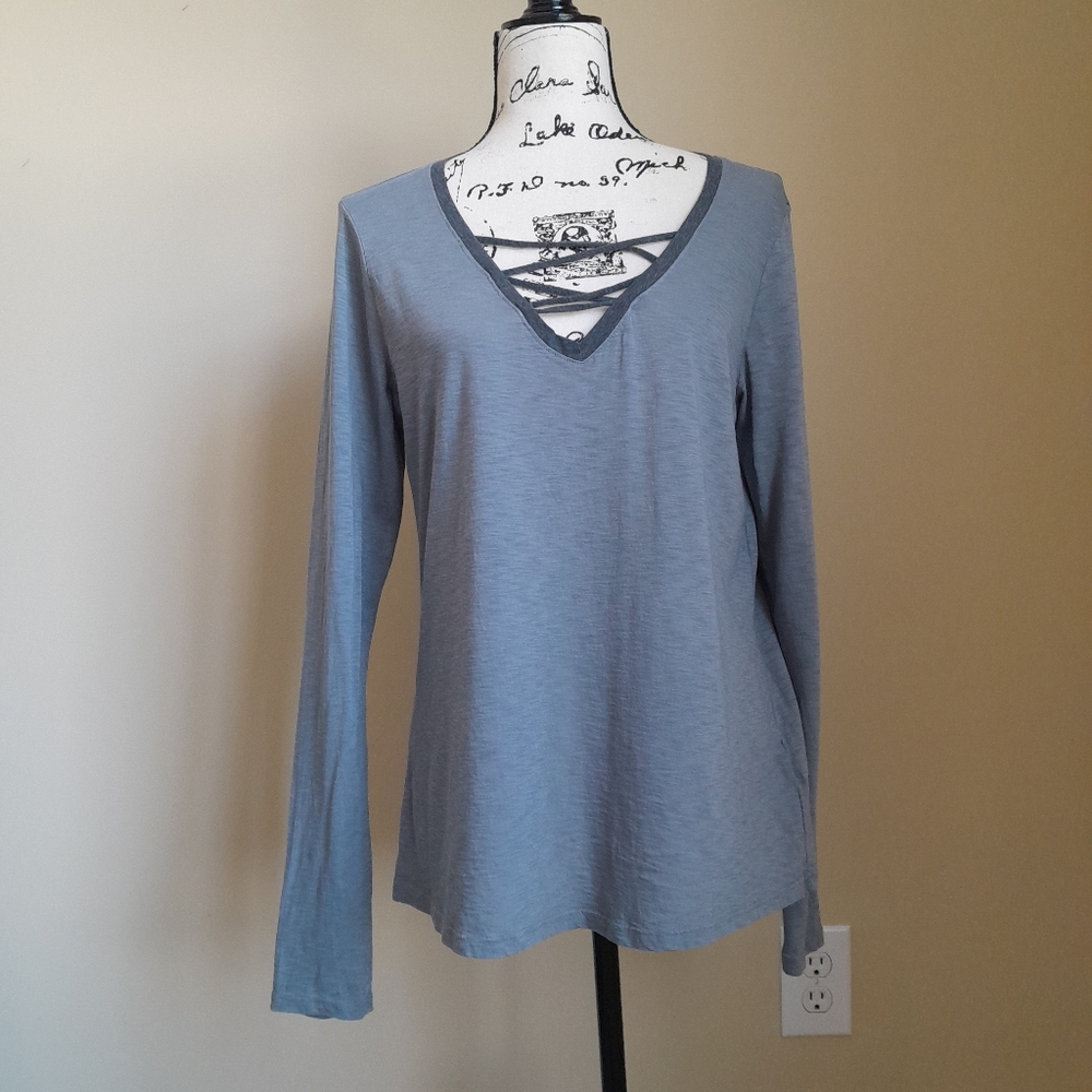 Michael Stars Light Gray Long Sleeve V-Neck Tee with Crisscross Detail